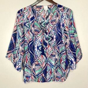 Ella Moss Silk Blouse Women’s Size S Kimono Sleeves Peasant Tassel Tie Butterfly